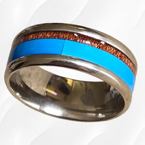 Turquoise Wood Pattern Artificial Inlay Stainless Steel Fashion Ring Size 8